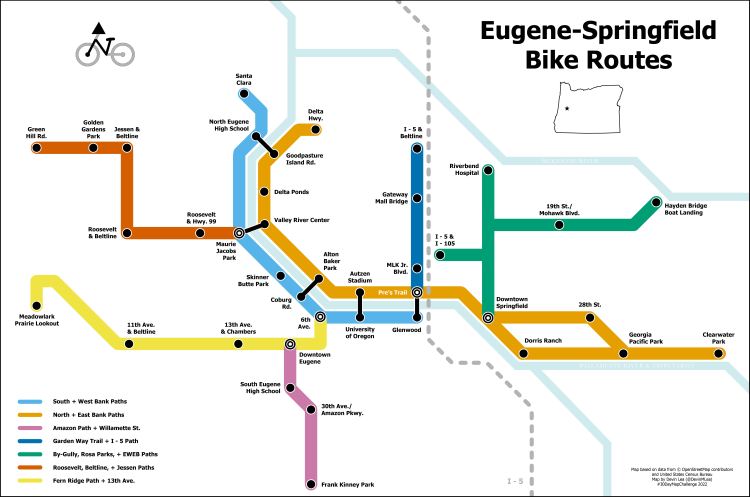 Map depicts bike paths in Eugene and Springfield in the style of subway system maps. The map includes Fern Ridge path, Roosevelt and Jessen paths, river paths along the Willamette River, Garden Way Trail, I-5 path, By-Gully path, Rosa Parks and EWEB paths.